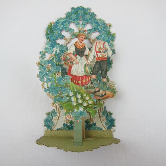 Vintage Valentine 3D Pop Up Die Cut German Girl Red Boy Lederhosen Blue Flowers - Picture 2 of 12